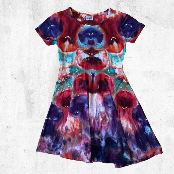 Girls Ice Dyed Skater Dress - Tie Dye Mandala Dark Hand-dyed (Kid's Size 10) - Picture 1 of 10